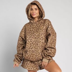 2-PC SeT❤️NIP!❤️ Comfrt MINIMALIST HOODIE PULLOVER + SHORTS Brown LEOPARD  SMALL